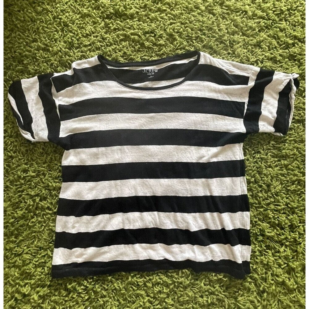 J. Crew Linen Tee Large Black White Striped Short Sleeve T-Shirt Women's Top